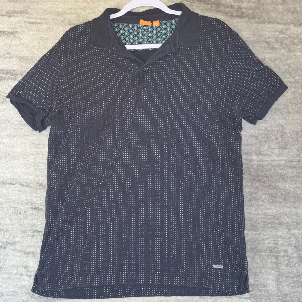Hugo Boss Orange Peerson Navy Blue Micro Dot Polo Shirt Mens Large 50308559